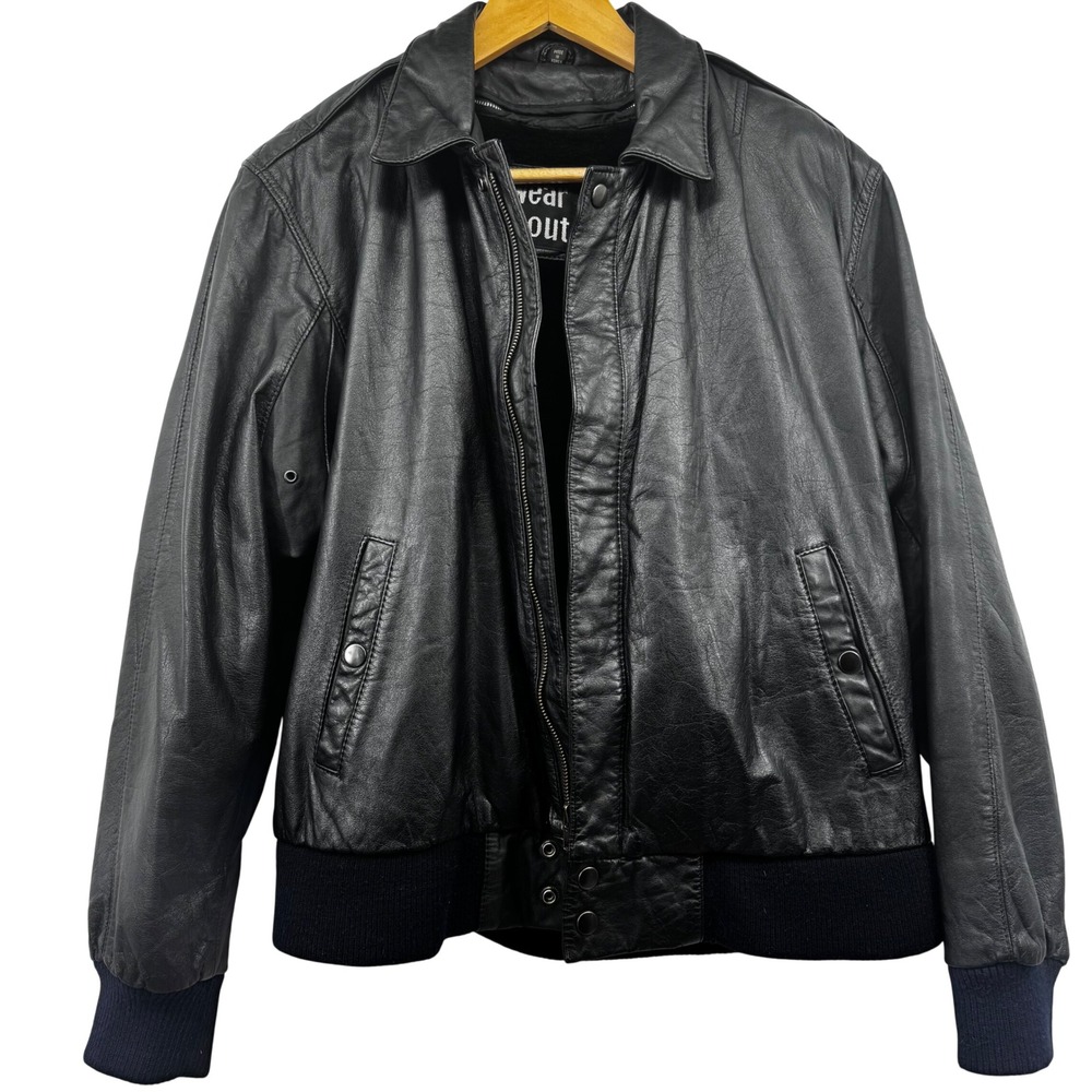 Vintage 100% Genuine Black Leather‎ Bomber Jacket Faux Fur Lined Men Sz 42 Large